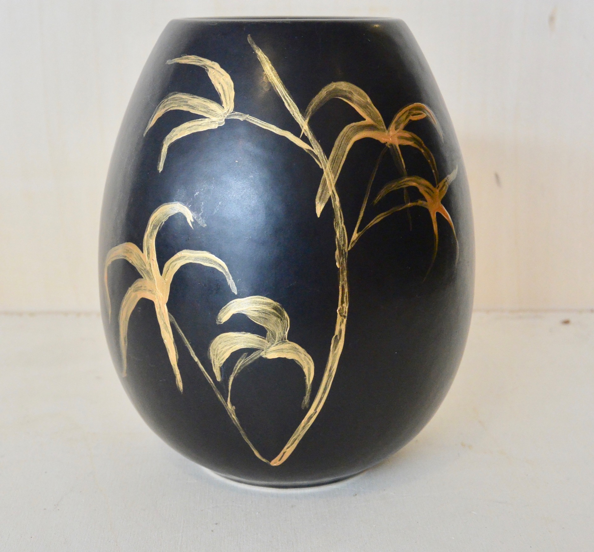 bus waarom Beoefend Mooie grote zwarte vaas met gouden bamboe bladeren - Hand geschilderde vazen  - Morgenster Vintage